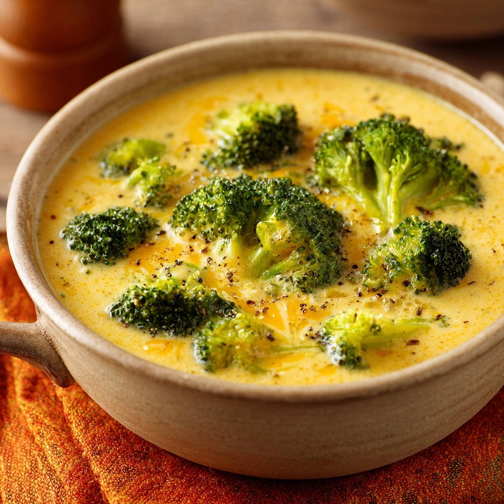 Creamy broccoli cheddar soup shown in a close-up view within a rustic bowl, sprinkled with black pepper.