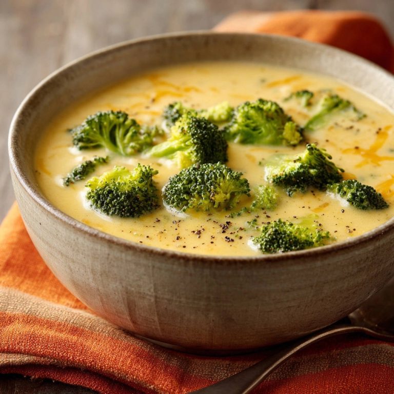 Creamy broccoli cheddar soup served in a rustic bowl, showcasing florets and a sprinkle of black pepper.