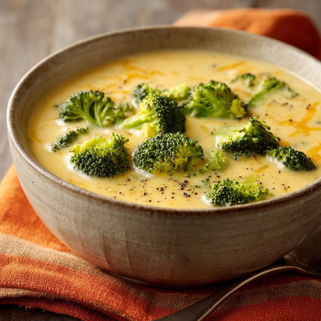 Creamy broccoli cheddar soup served in a rustic bowl, showcasing florets and a sprinkle of black pepper.