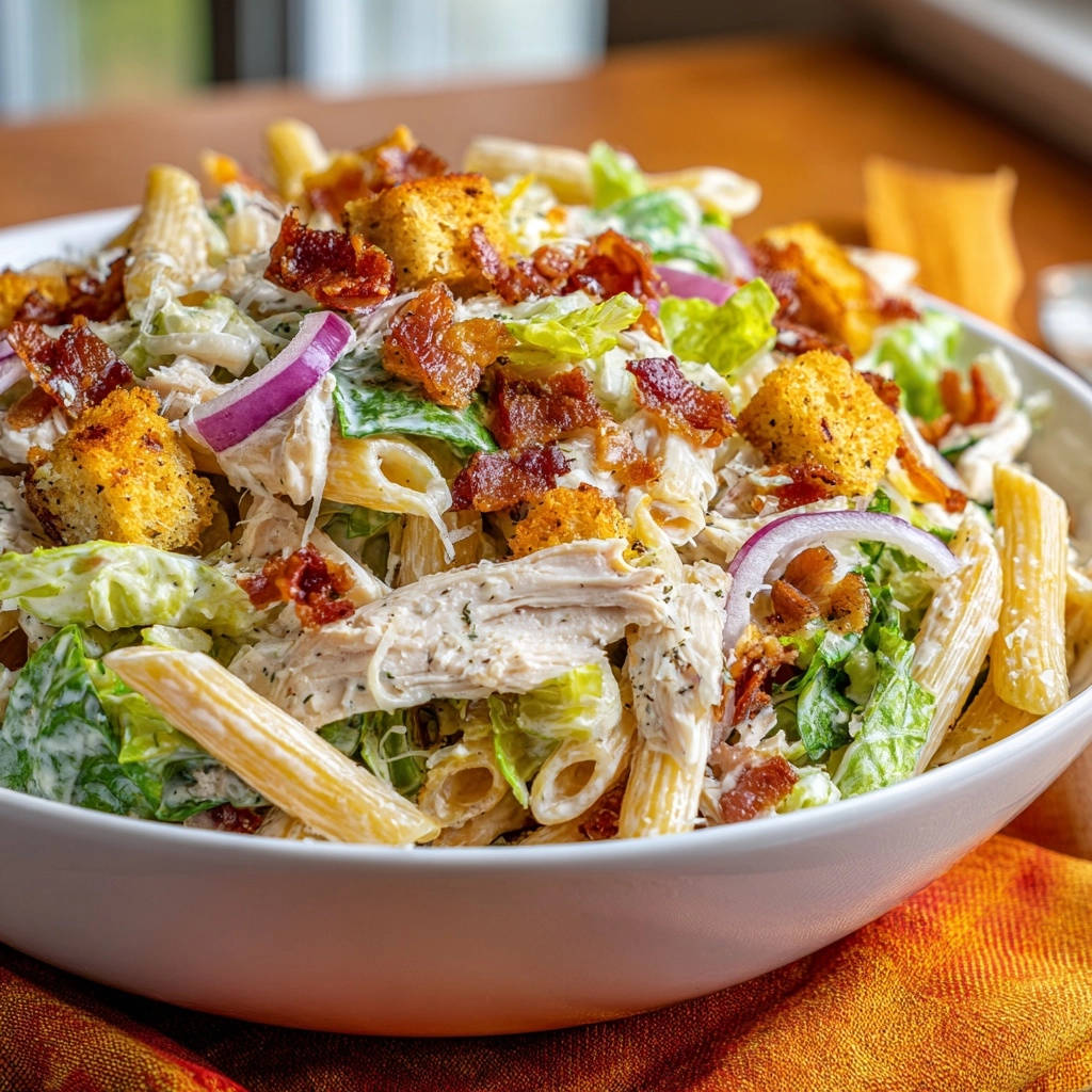 Creamy chicken Caesar pasta salad shown in a white bowl, featuring penne pasta, chicken, bacon, and croutons.