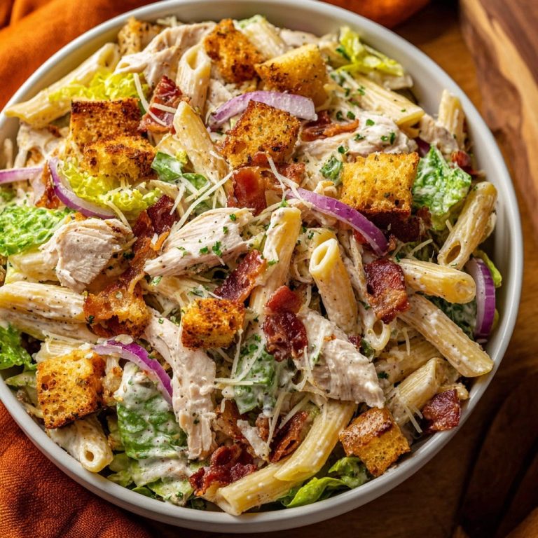 Creamy chicken Caesar pasta salad in a bowl, featuring penne, chicken, bacon, croutons, and red onion.