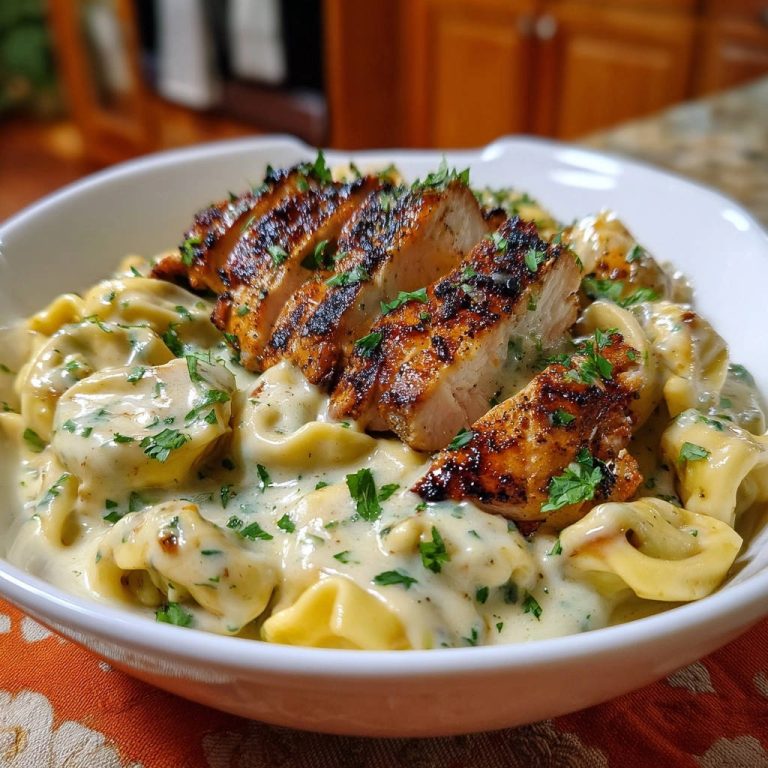 Creamy chicken tortellini dish topped with perfectly sliced grilled chicken and fresh parsley garnish.