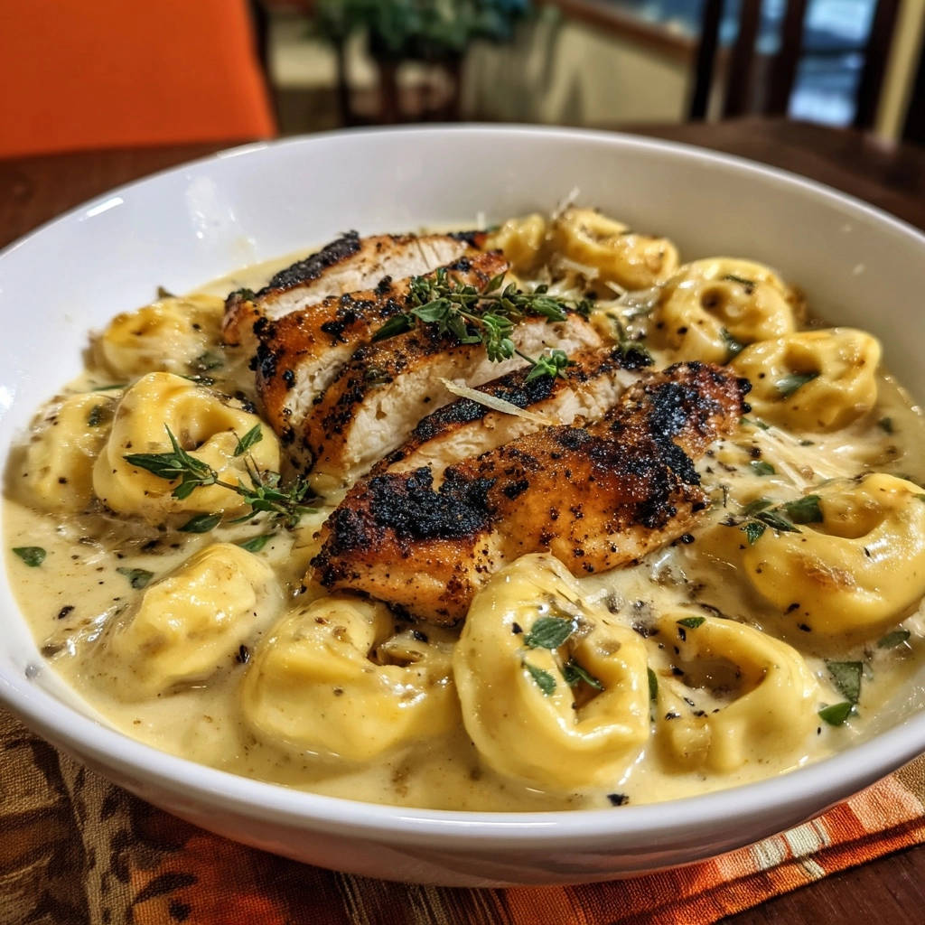 Creamy chicken tortellini with sliced grilled chicken and fresh thyme garnish in a white bowl.