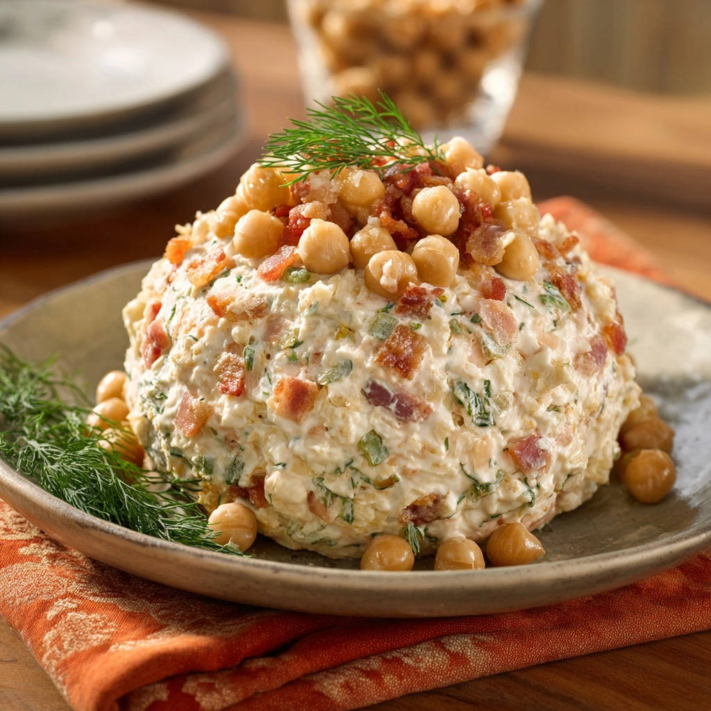 Creamy dill & bacon cheese ball topped with chickpeas and garnished with fresh dill on a plate.