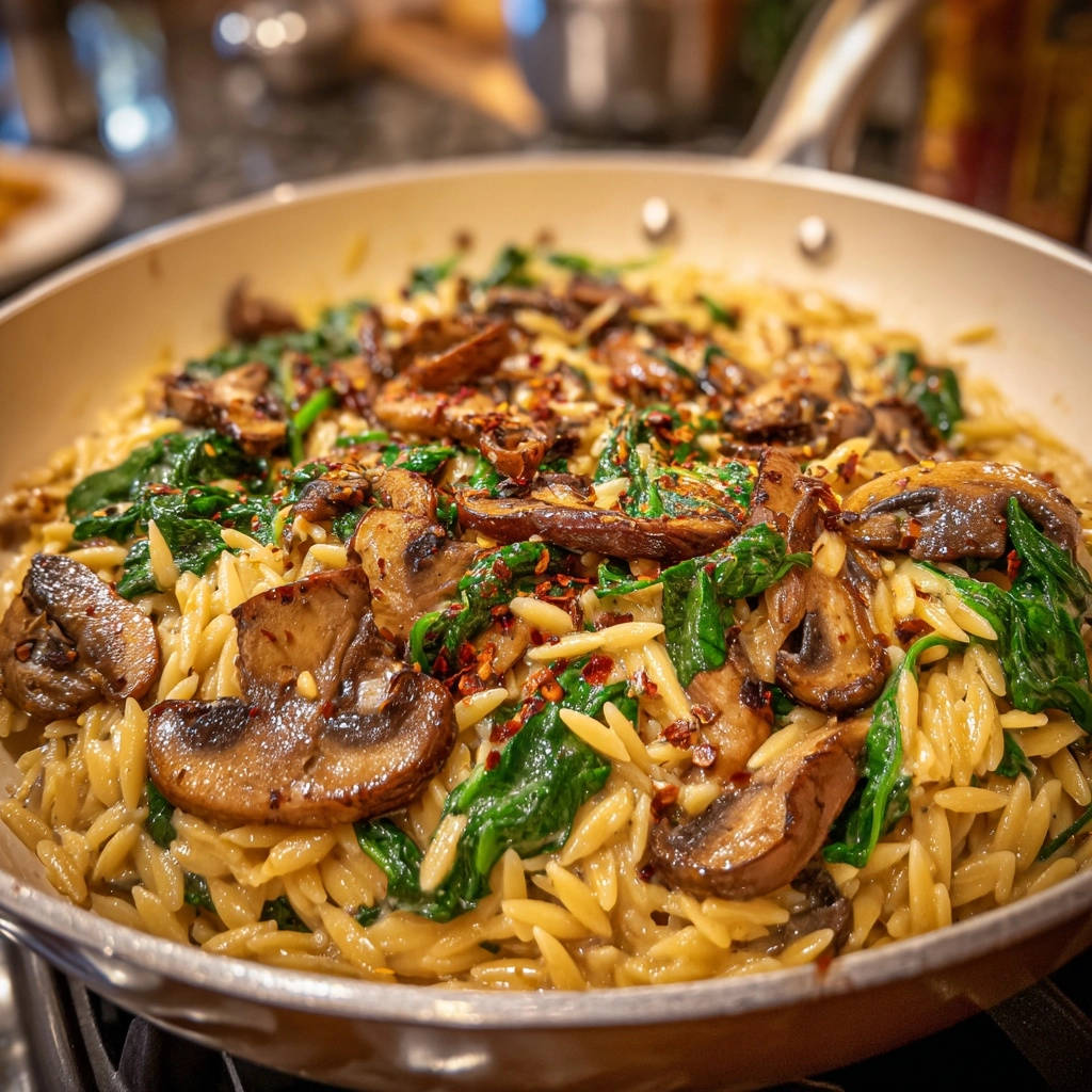 Creamy mushroom & spinach orzo close-up in a pan, showcasing the pasta and toppings with red pepper flakes.