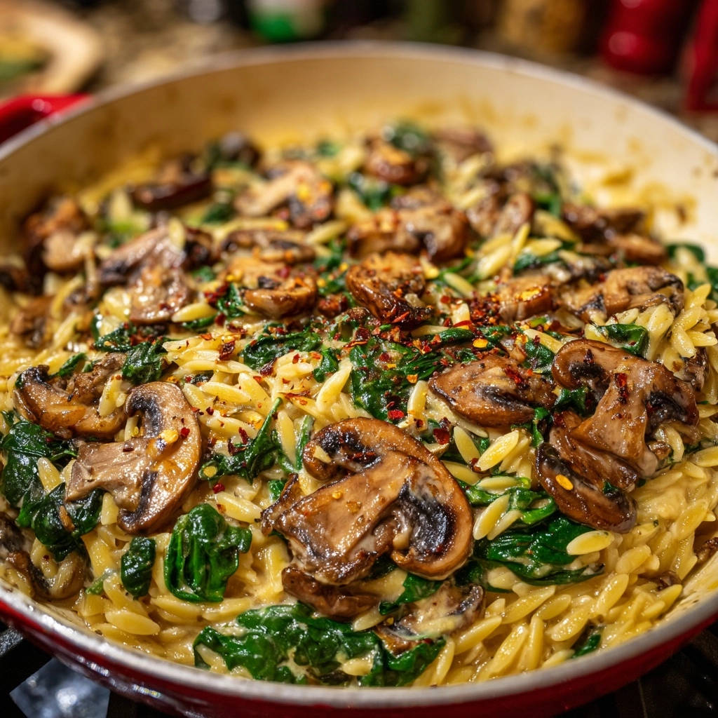 Creamy mushroom and spinach orzo shown in a close-up view within a red pan, sprinkled with red pepper flakes.