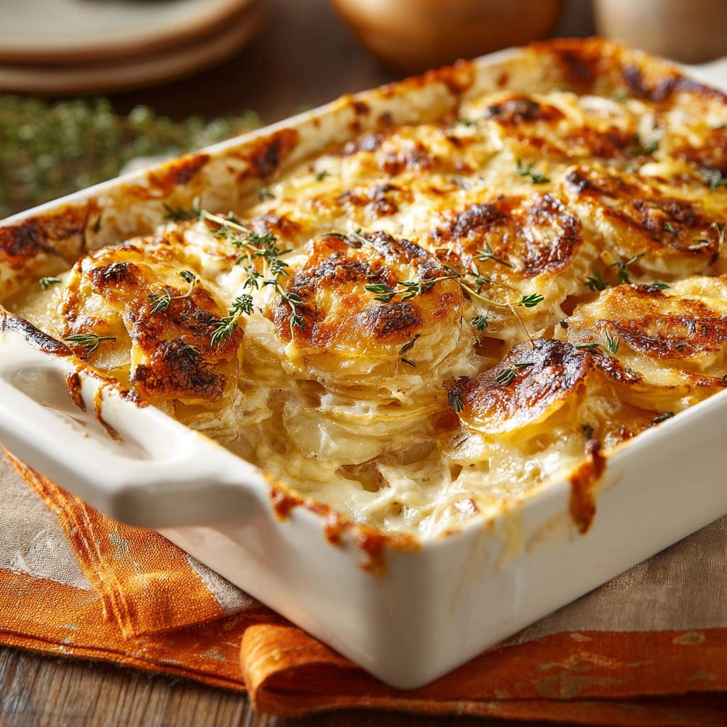 Creamy potato gratin with a golden-brown, bubbly cheese topping and fresh thyme garnish.