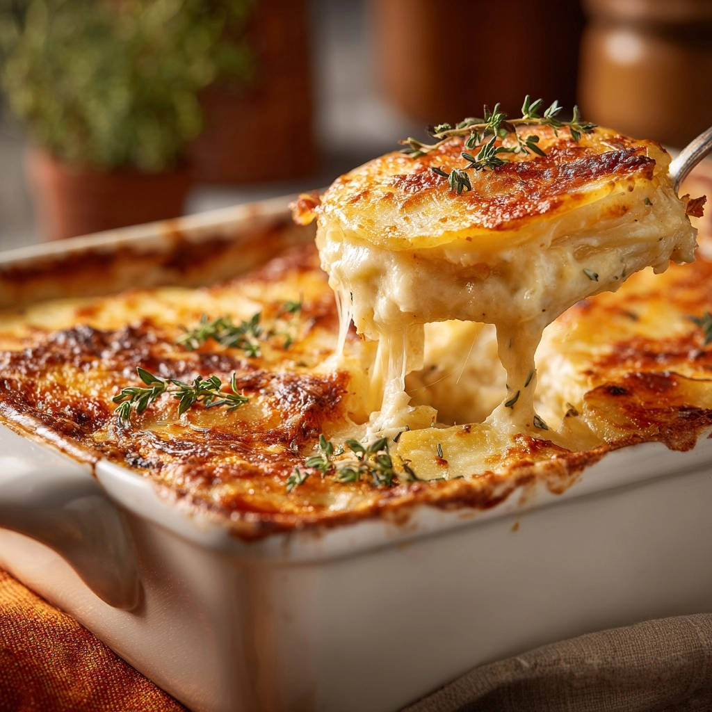 Creamy potato gratin, a serving showing a luscious cheese pull with fresh thyme garnish.