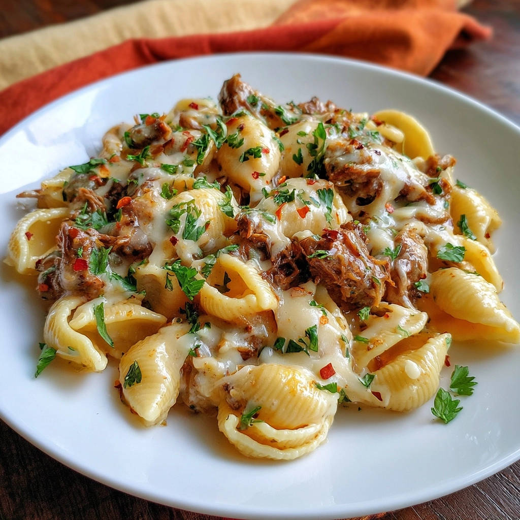 Creamy sausage and shells pasta dish served on a white plate, generously topped with melted cheese and fresh parsley.