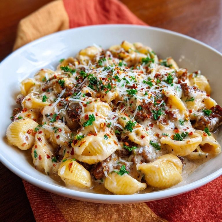 Creamy sausage and shells with a close-up view of fresh parsley and chili flake garnish.
