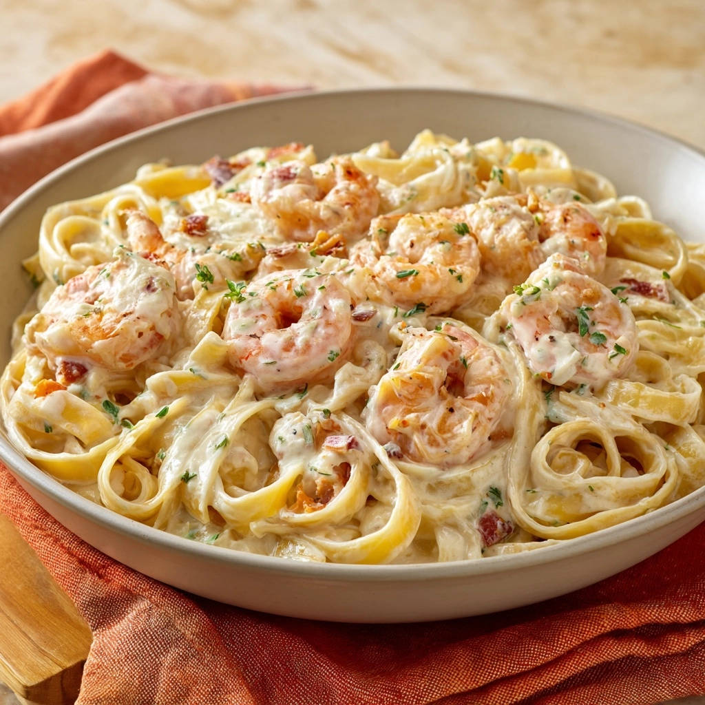 Creamy shrimp alfredo in a close-up bowl with fettuccine pasta and bacon pieces.