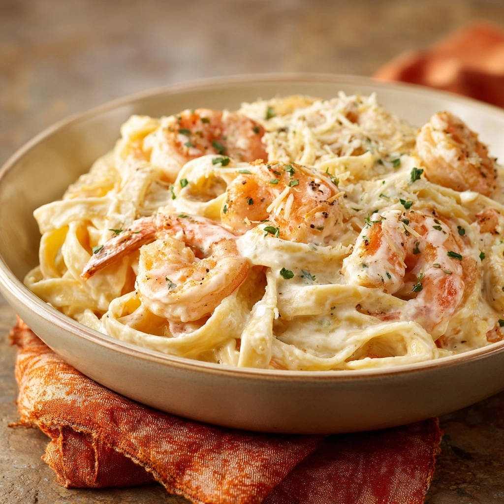 Creamy shrimp alfredo in a rustic bowl, showcasing tender shrimp and fettuccine pasta coated in rich sauce.