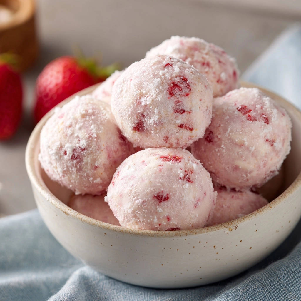 Creamy strawberry bites shown in a close-up view within a rustic bowl, dusted with powdered sugar.