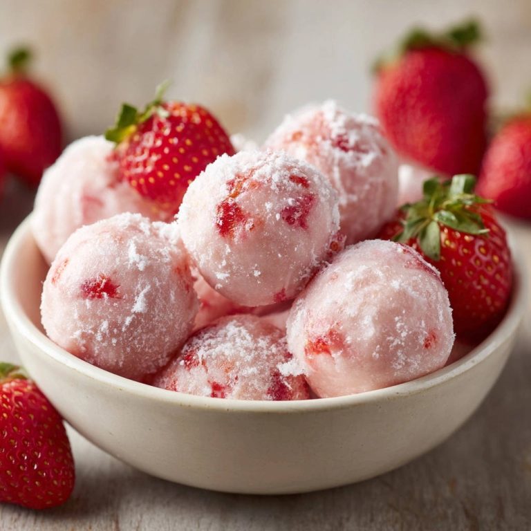 Creamy strawberry bites are piled high in a rustic bowl, dusted with powdered sugar, with whole strawberries scattered around.
