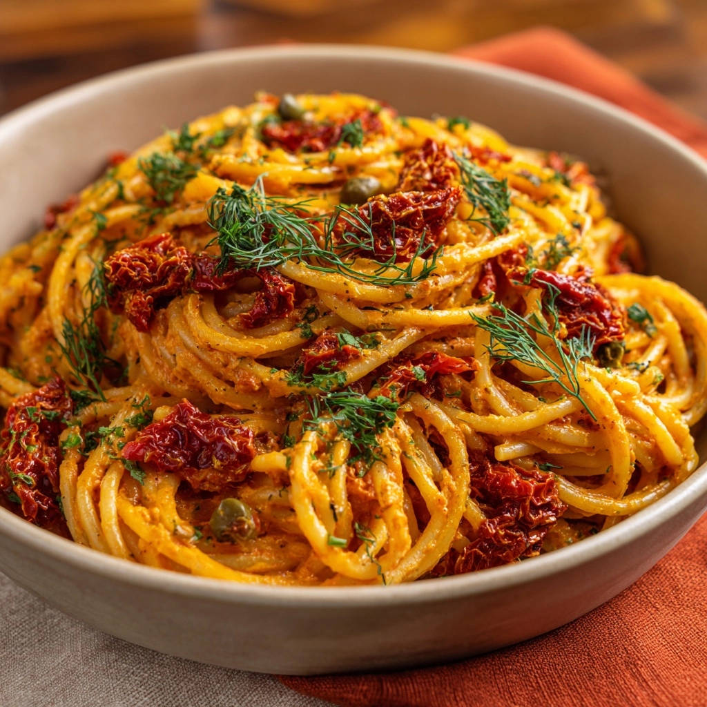 Creamy sun-dried tomato pasta with sun-dried tomatoes and fresh dill garnish in a close-up view.