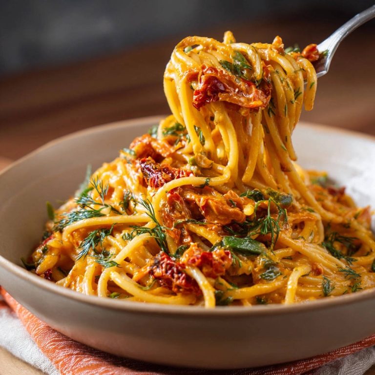 Creamy sun-dried tomato pasta being lifted from a bowl on a fork, showcasing its silky texture and ingredients.