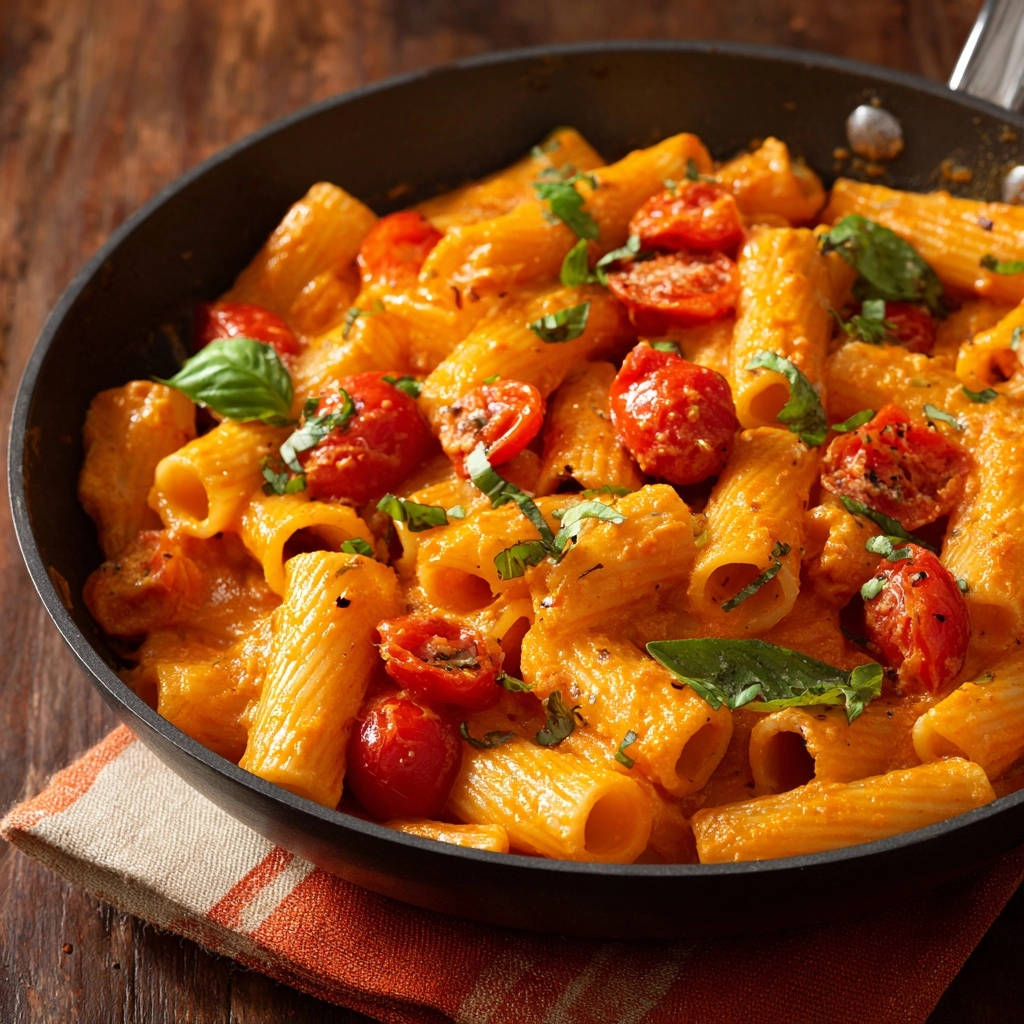 Creamy tomato basil rigatoni shown in a close-up view within a black pan, garnished with fresh basil leaves.