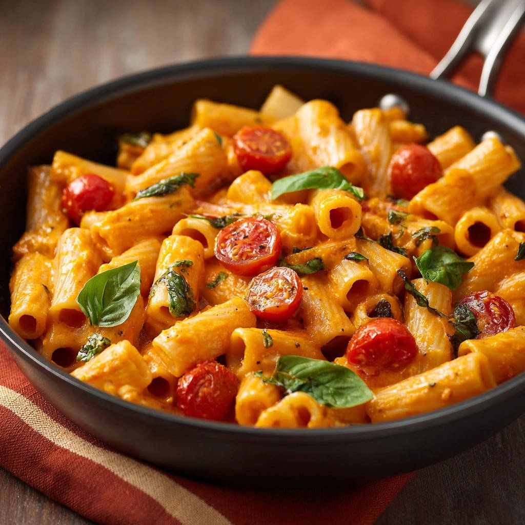 Creamy tomato basil rigatoni served in a black pan, with cherry tomatoes and basil leaves as garnish.
