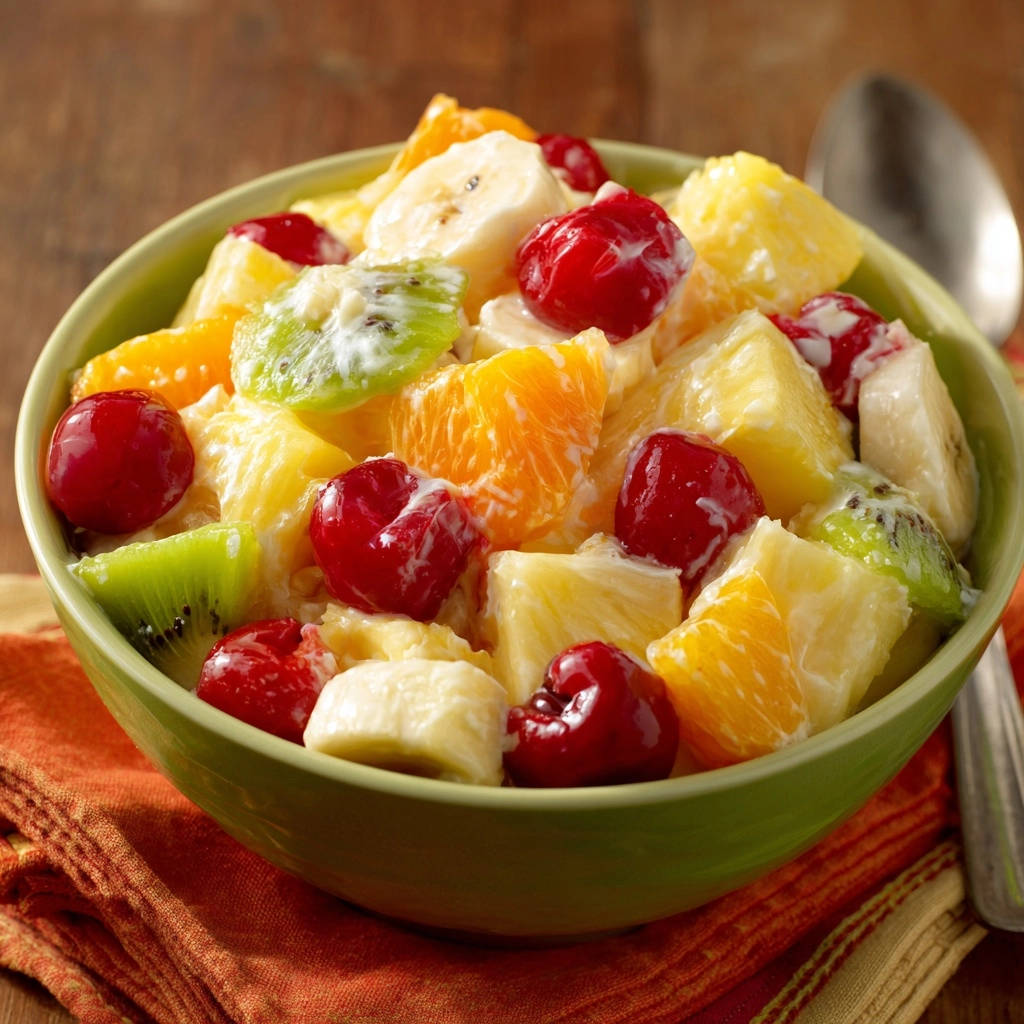 Creamy tropical fruit salad in a green bowl, featuring pineapple, oranges, kiwi, bananas, and cherries.