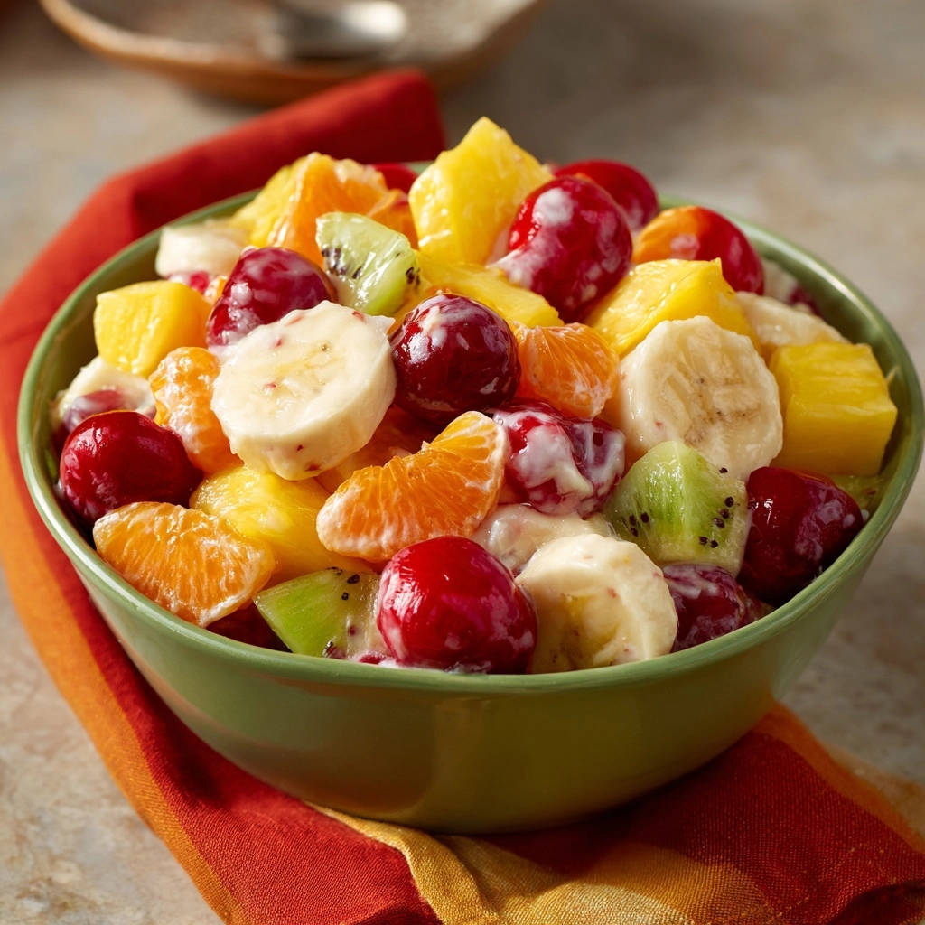 Creamy tropical fruit salad in a green bowl, showcasing pineapple, cherries, kiwi, oranges, and bananas in a creamy dressing.