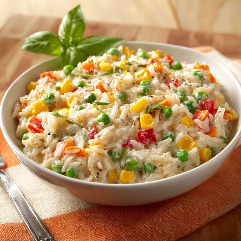 Creamy veggie rice bowl served in a white bowl, showcasing peas, corn, and red pepper up close.