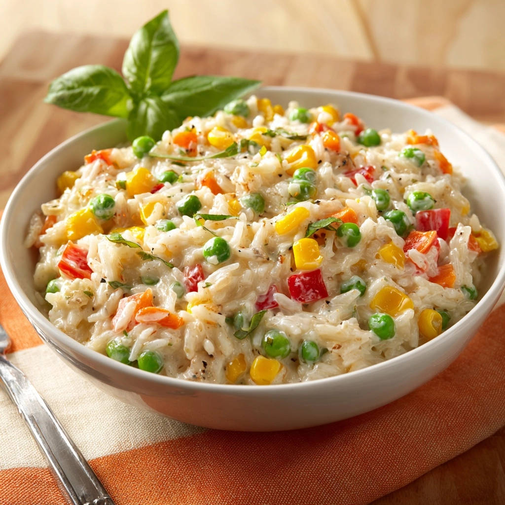 Creamy veggie rice bowl served in a white bowl, showcasing peas, corn, and red pepper up close.