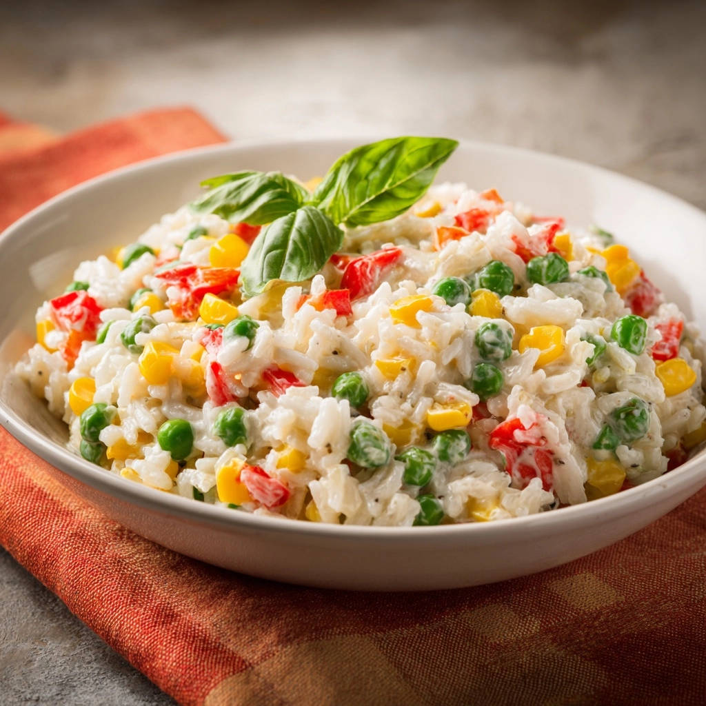 Creamy veggie rice bowl with a fresh basil garnish in a white bowl, a close-up view.