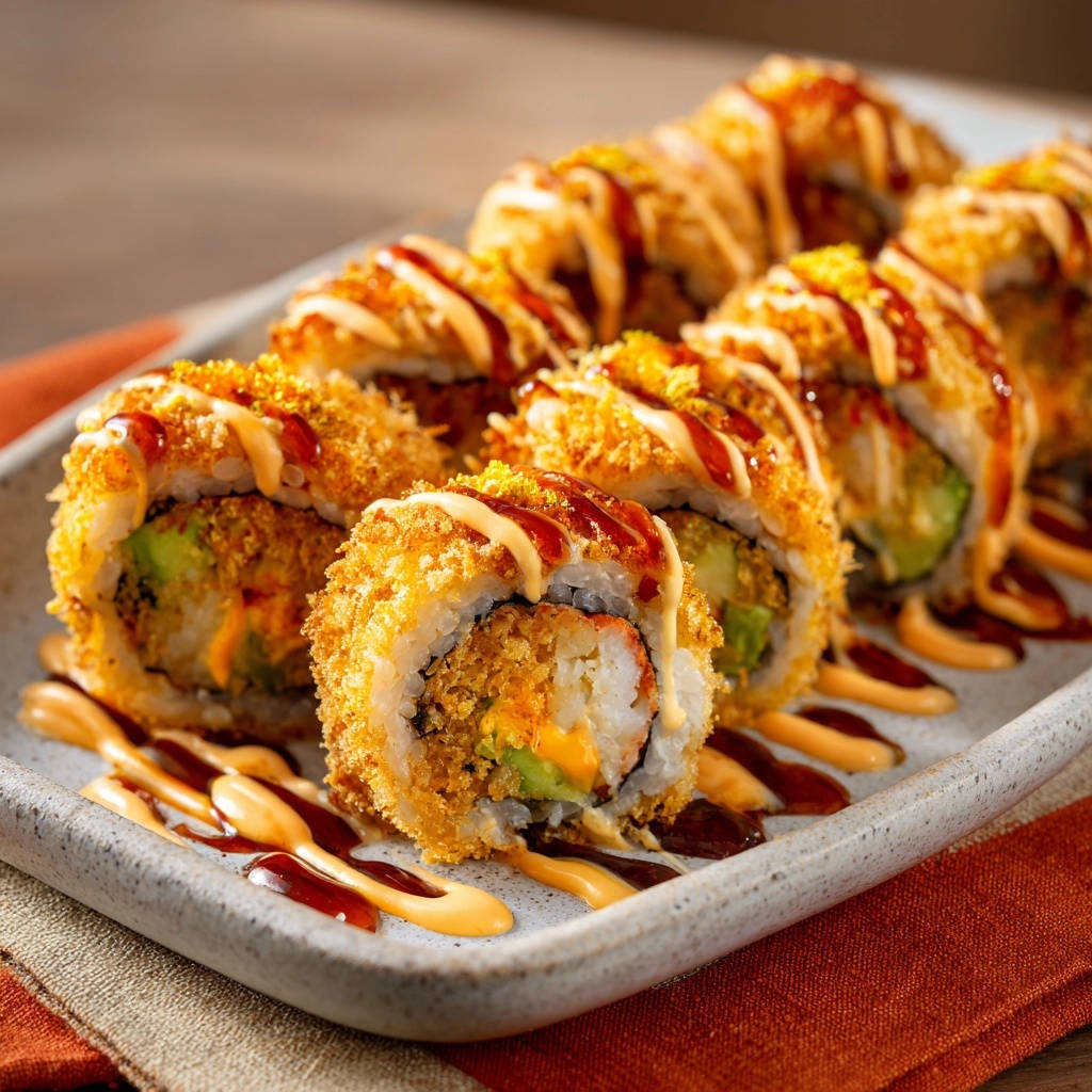 Crispy fried salmon and avocado rolls drizzled with sauce and served on a platter.