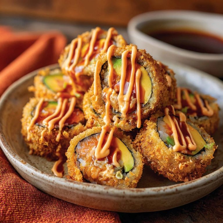 Crispy fried salmon & avocado rolls drizzled with spicy mayo and sauce on a plate.