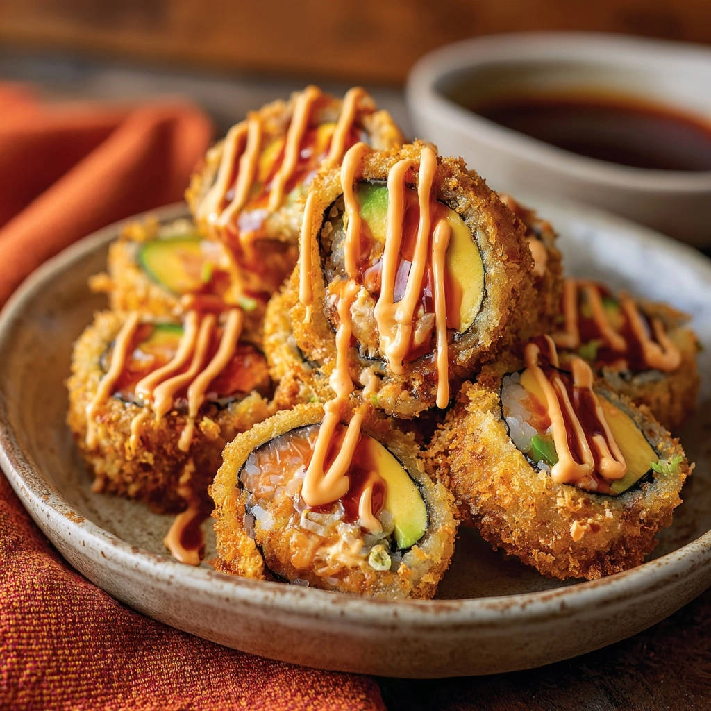 Crispy fried salmon & avocado rolls drizzled with spicy mayo and sauce on a plate.