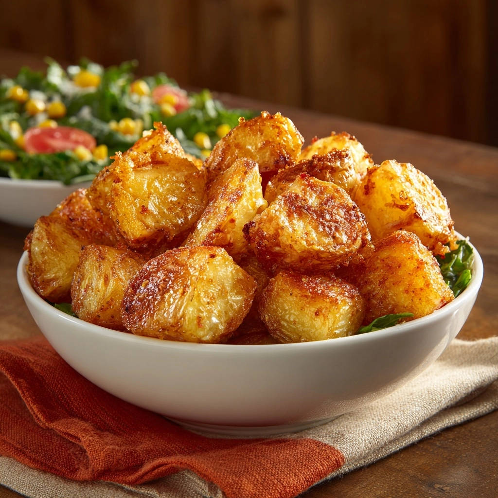 Crispy golden roasted potatoes served in a white bowl, showcasing their golden-brown texture and fluffy interior.
