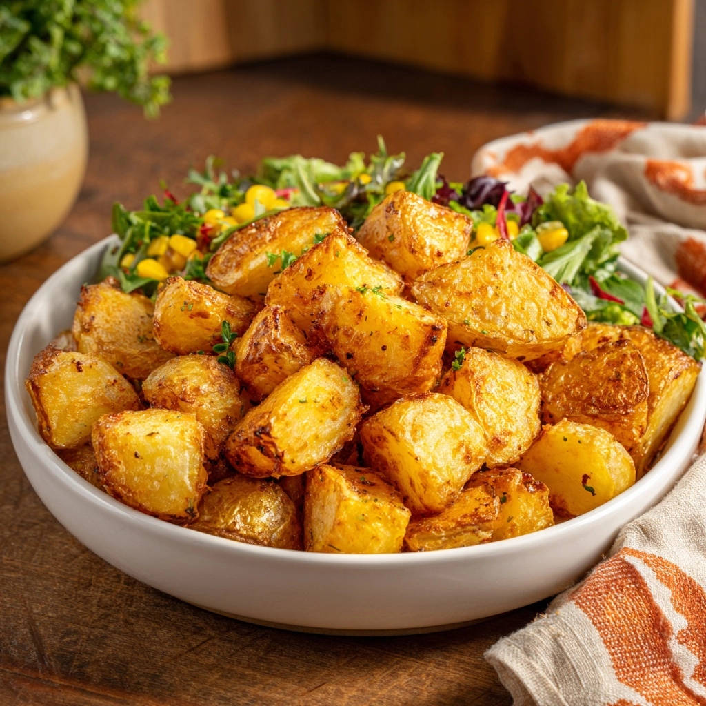 Crispy golden roasted potatoes served in a white bowl with a fresh salad and corn visible.
