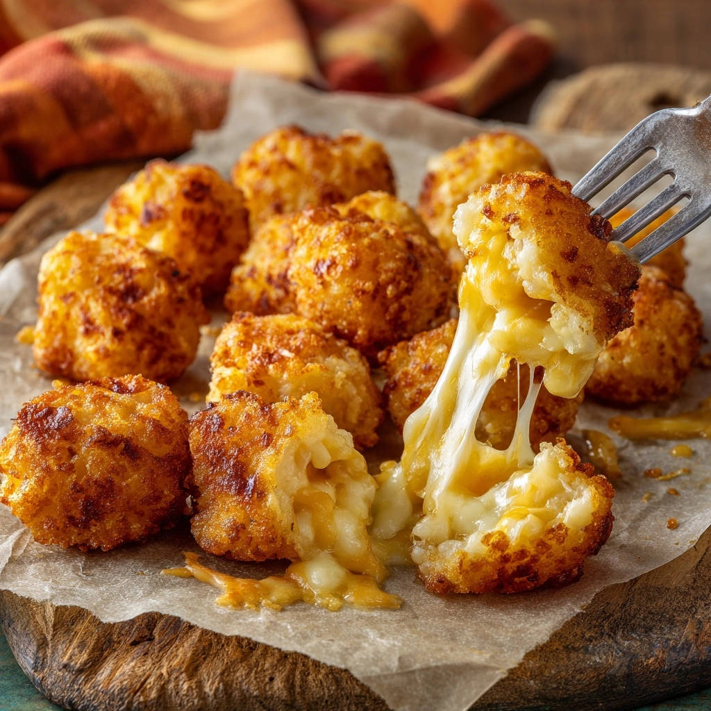 Crispy potato and cheese bites with a fork pulling one open to reveal a gooey cheese pull.