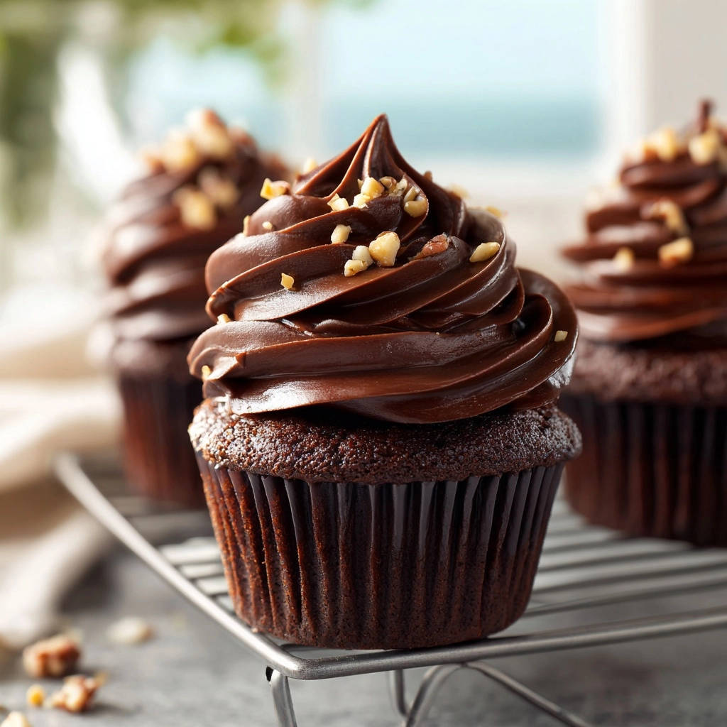 Decadent chocolate cupcakes with chocolate frosting and walnuts cooling on a wire rack.