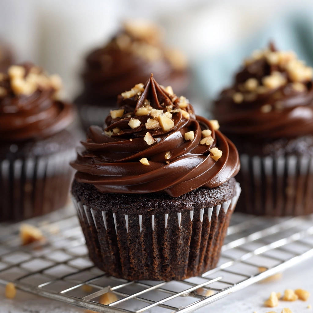 Decadent chocolate cupcakes with chocolate frosting and chopped nuts, cooling on a wire rack.