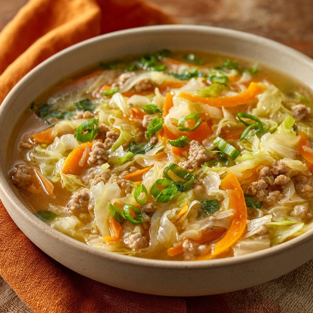 Deconstructed egg roll soup in a bowl, featuring ground pork, cabbage, carrots, and scallions.