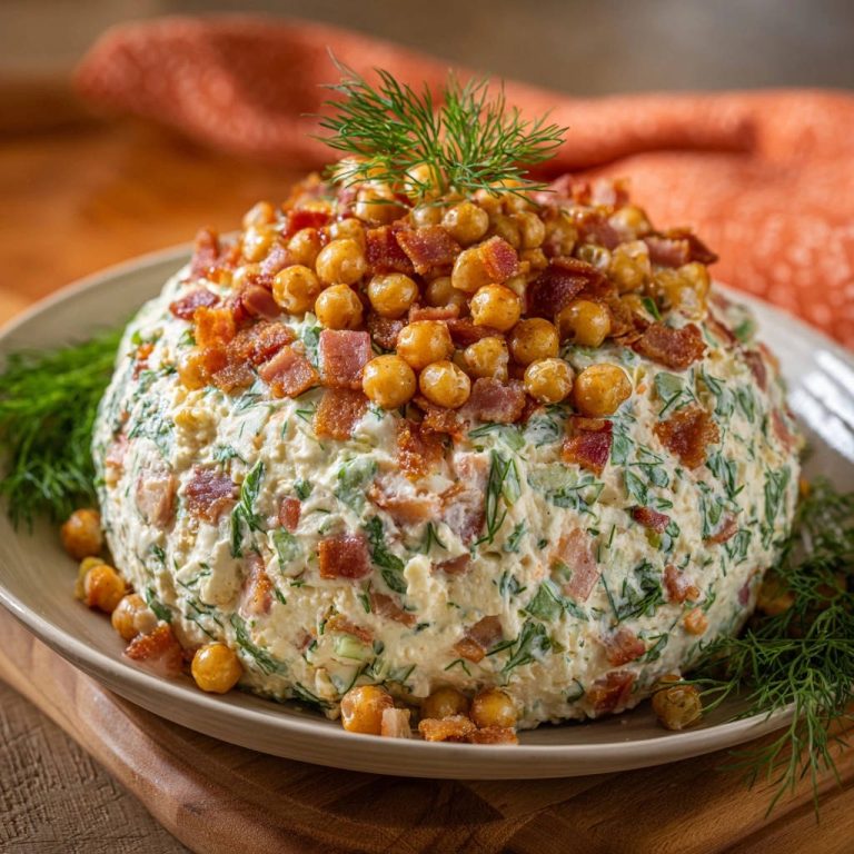 Creamy Dill & Bacon Cheese Ball topped with crispy chickpeas and bacon bits, garnished with fresh dill.