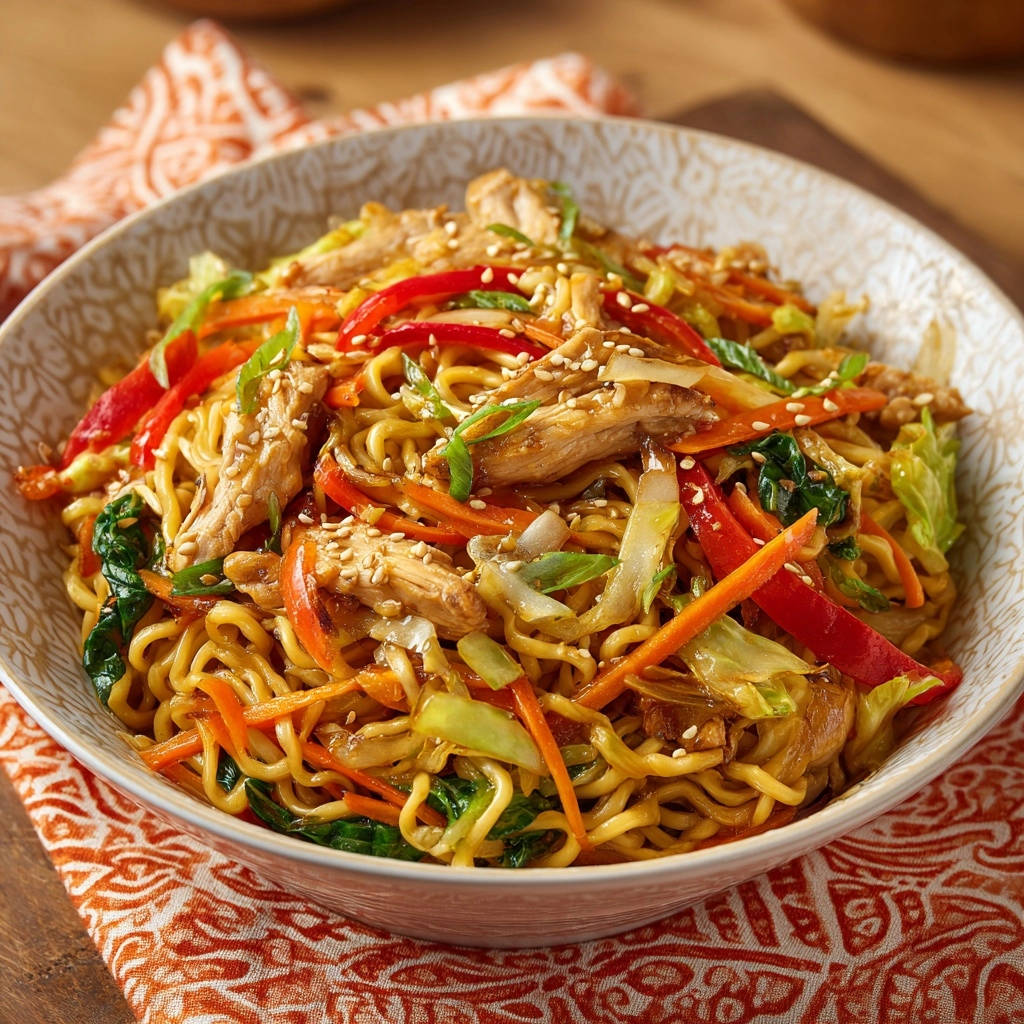 Easy Chicken Lo Mein served in a patterned bowl, showcasing tender chicken and colorful vegetables mixed with noodles.