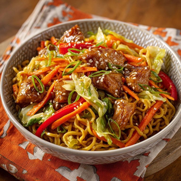 Easy Chicken Lo Mein served in a textured bowl, showcasing glossy noodles, tender chicken pieces, and fresh vegetables with sesame seeds.