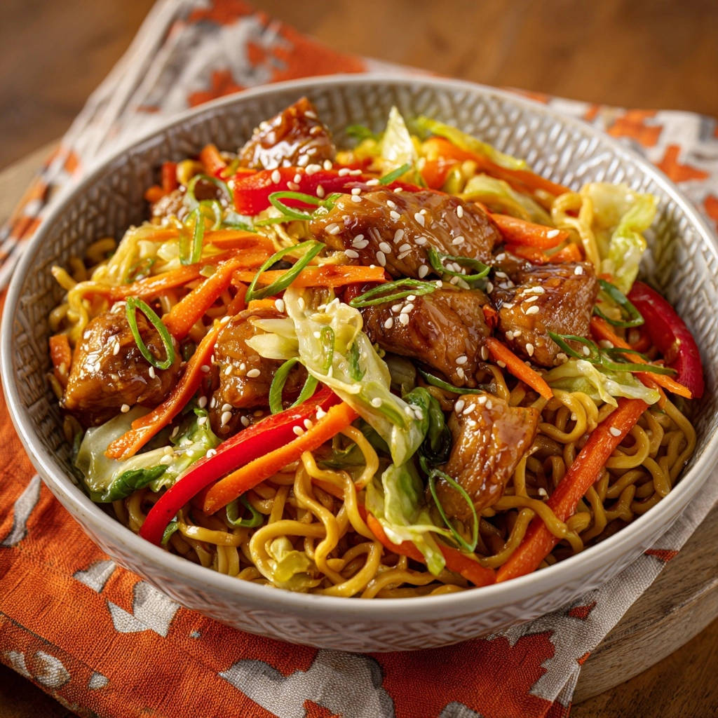 Easy Chicken Lo Mein served in a textured bowl, showcasing glossy noodles, tender chicken pieces, and fresh vegetables with sesame seeds.