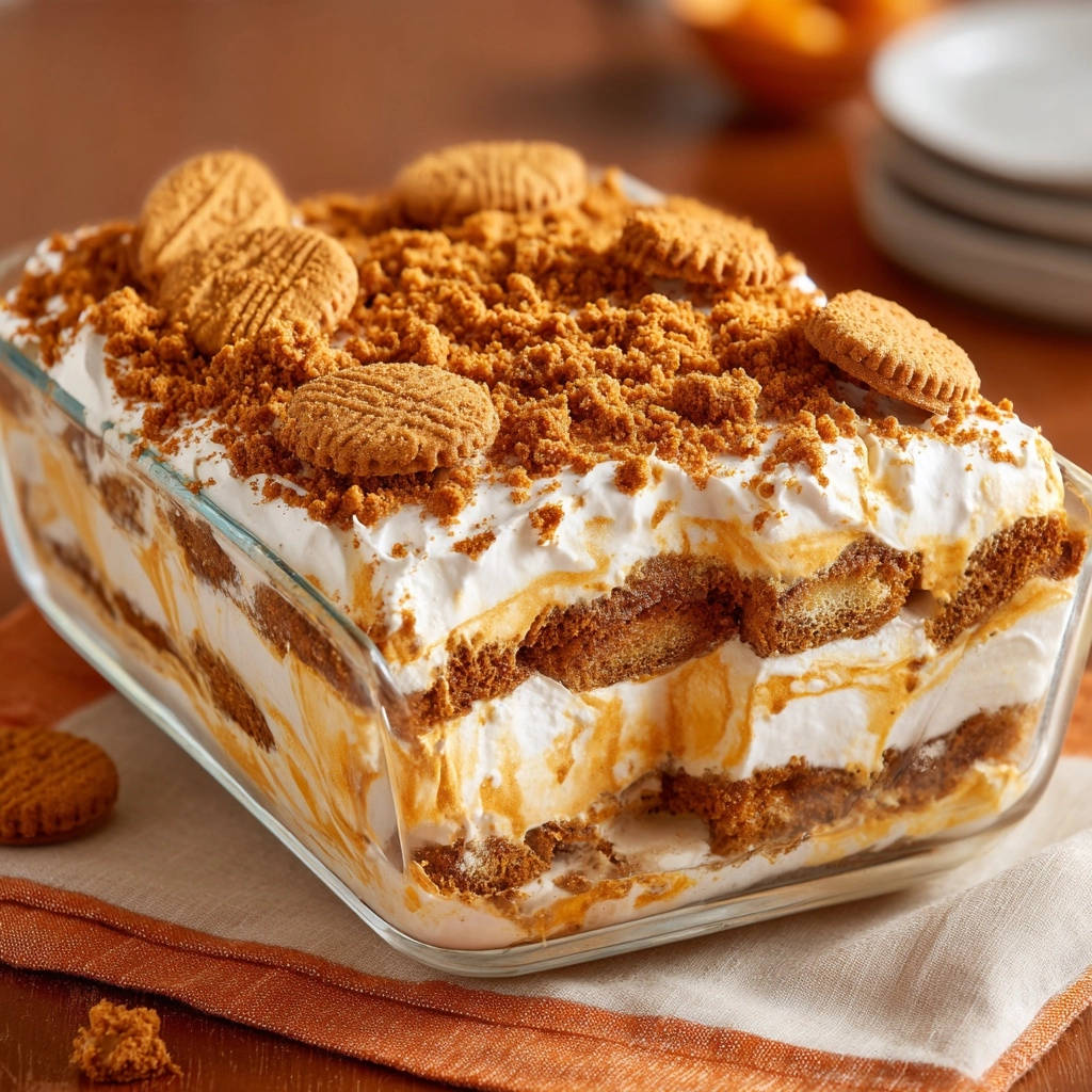 Easy Pumpkin Layer Dessert shown in a cross-section revealing layers of cookies and cream filling.