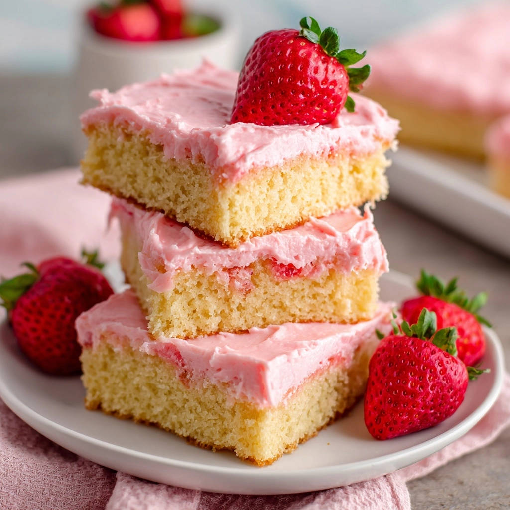 Easy Strawberry Sheet Cake stacked slices on a plate, garnished with fresh strawberries, showcasing fluffy cake and pink frosting.