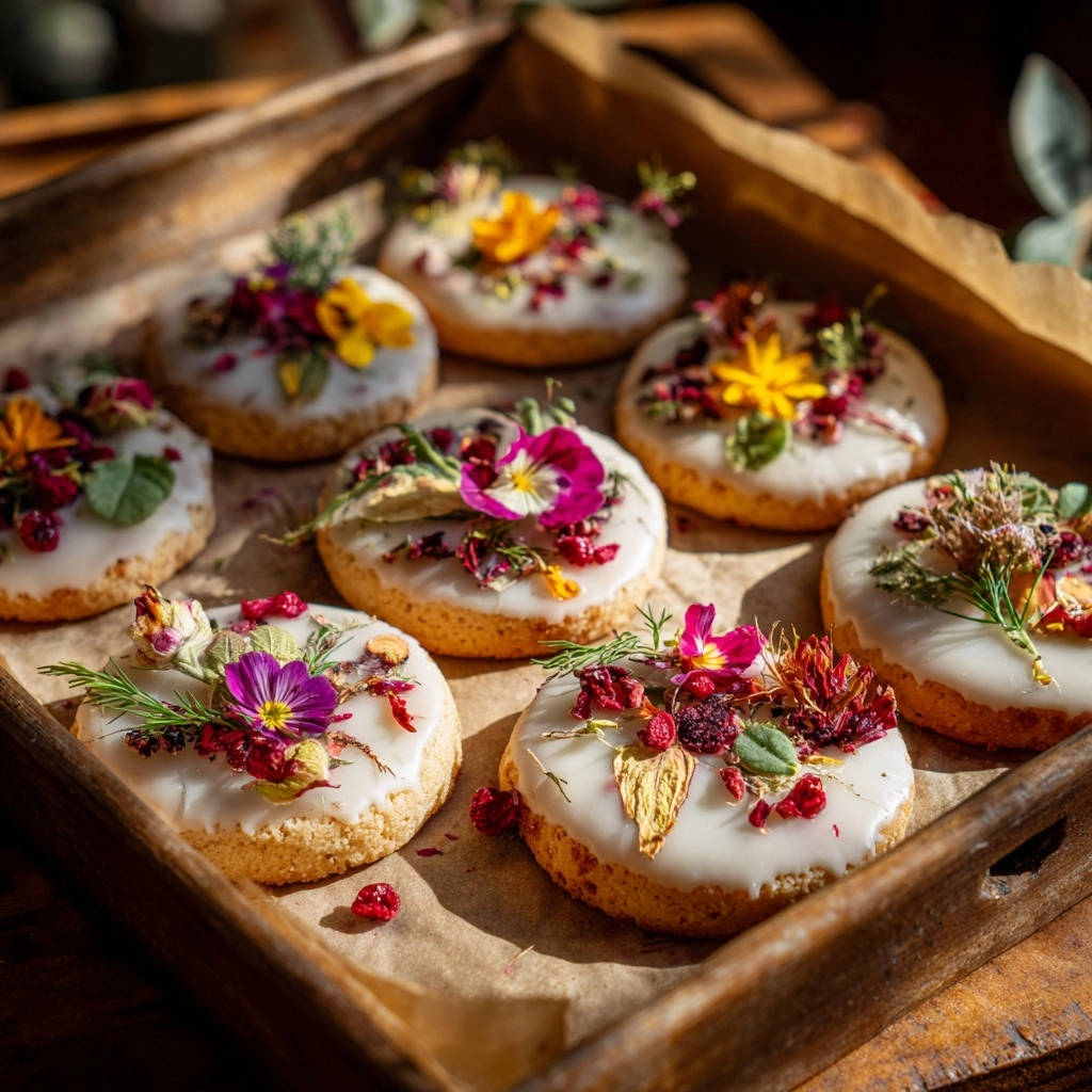 Elegant glazed cookies adorned with delicate floral and berry garnishes, presented on a wooden tray.