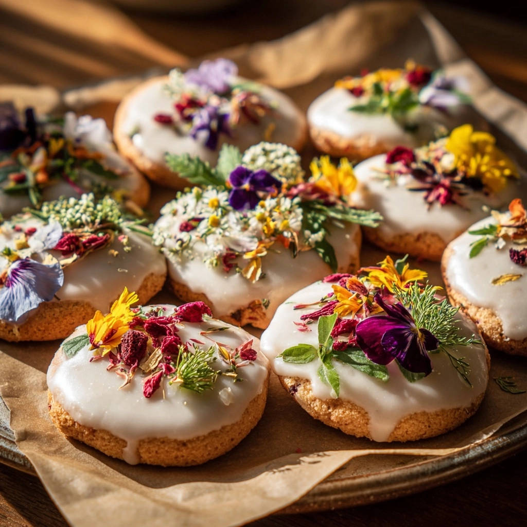 Elegant glazed cookies elegantly garnished with colorful edible flowers and dried petals on a platter.