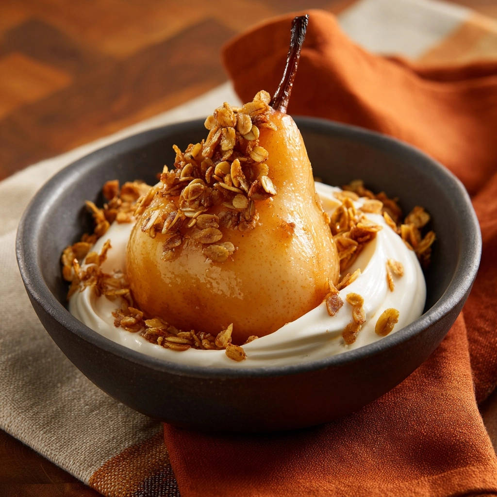 Elegant poached pears served in a creamy yogurt and granola bowl, showcasing a glistening glaze.