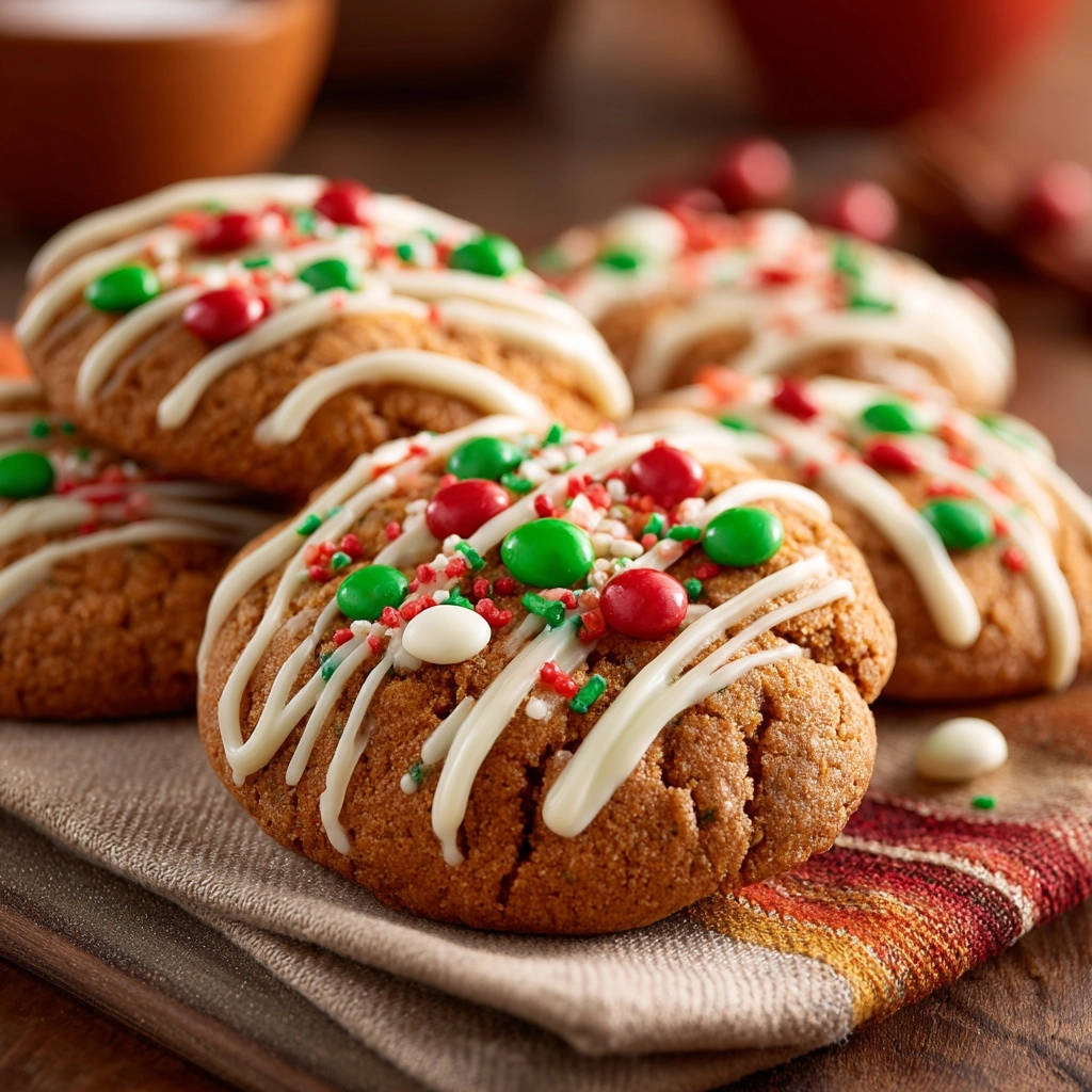 Festive M&M Oatmeal Cookies decorated with white icing and colorful candies, showing a close-up of the topping.