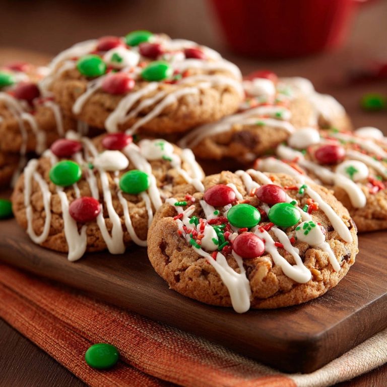 Festive M&M Oatmeal Cookies drizzled with white icing and topped with red and green candies.