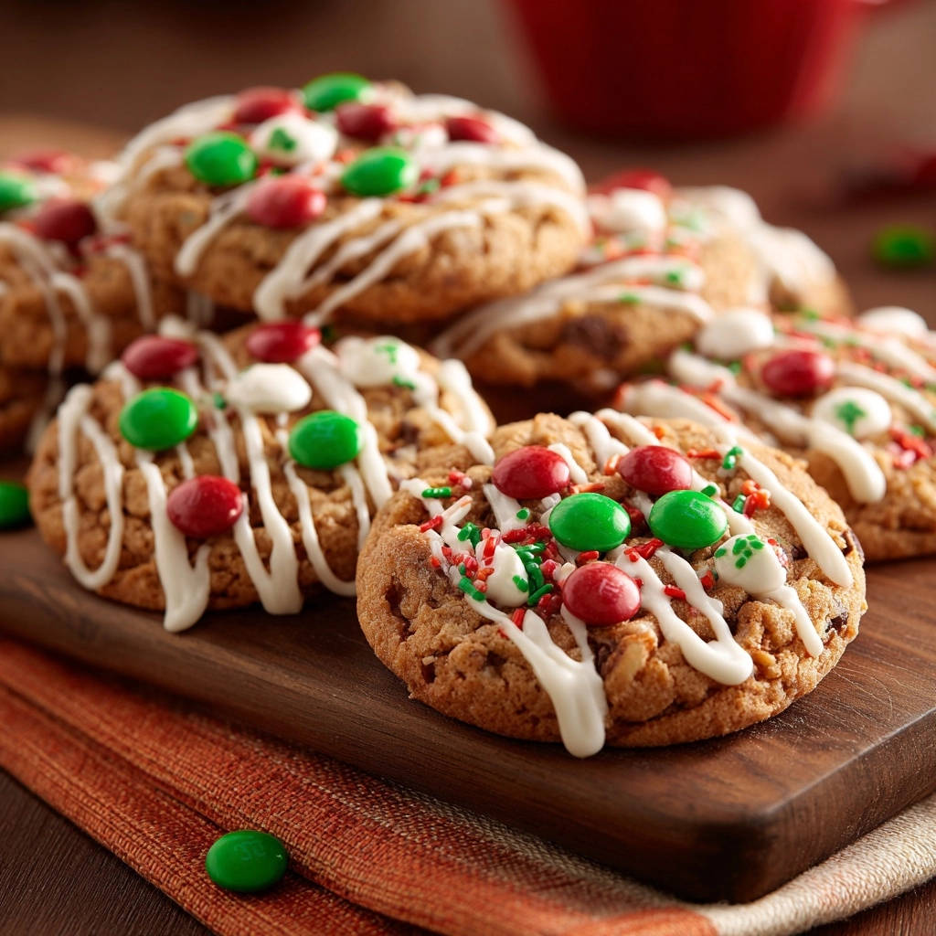 Festive M&M Oatmeal Cookies drizzled with white icing and topped with red and green candies.
