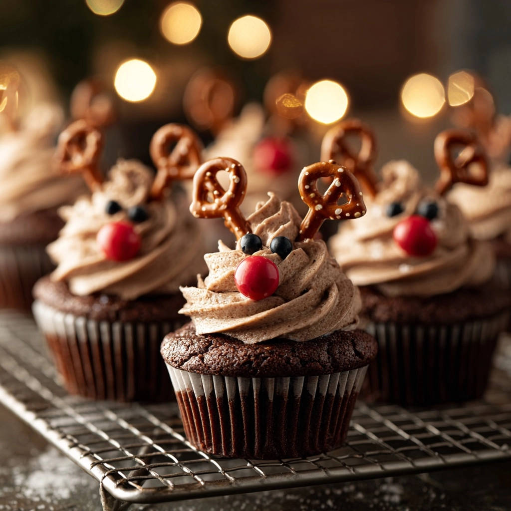 Festive reindeer cupcakes cooling on a wire rack with blurred Christmas lights in the background.
