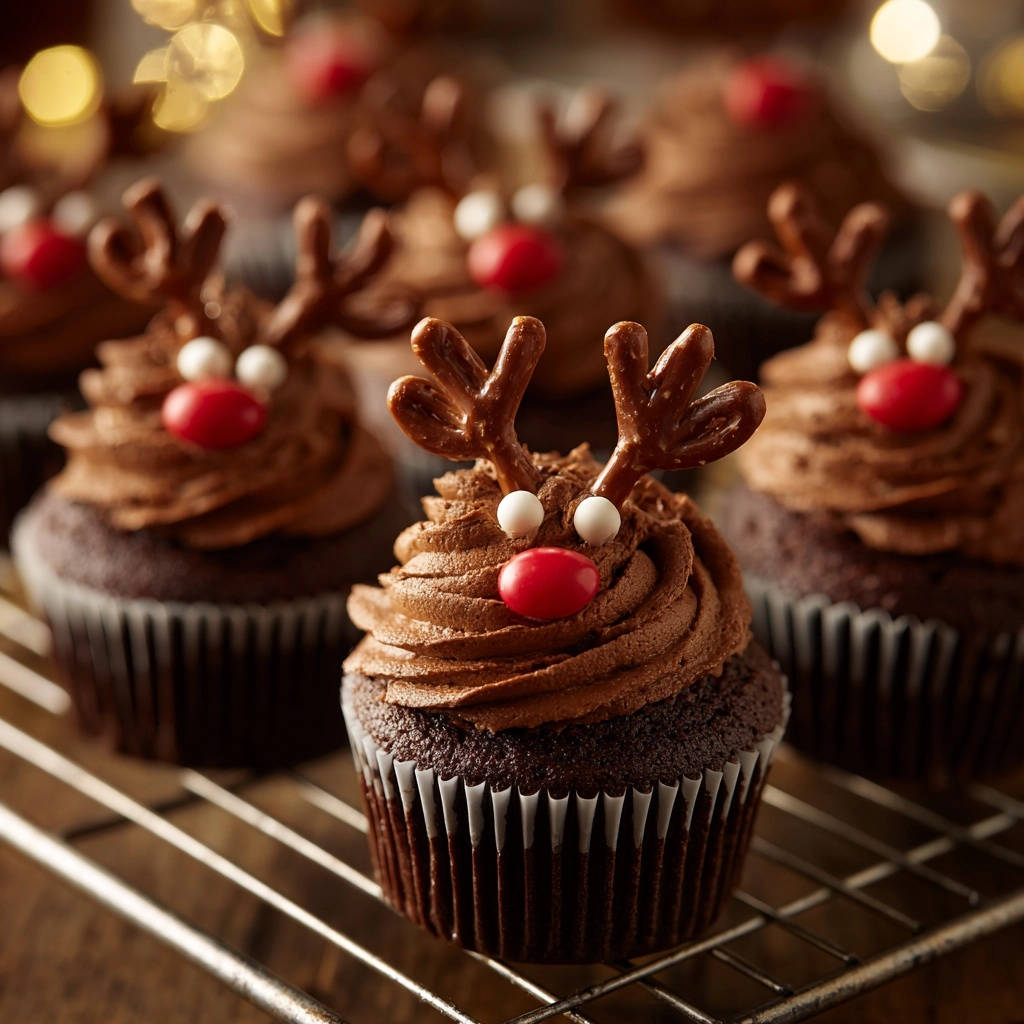 Festive reindeer cupcakes cooling on a rack, showcasing their chocolate frosting and pretzel antlers.